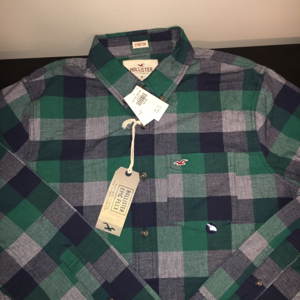 Hollister green stretch plaid button up